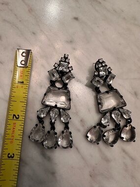 Elegant Black Metal Chandelier Crystal Drop Earrings - Clear Stones